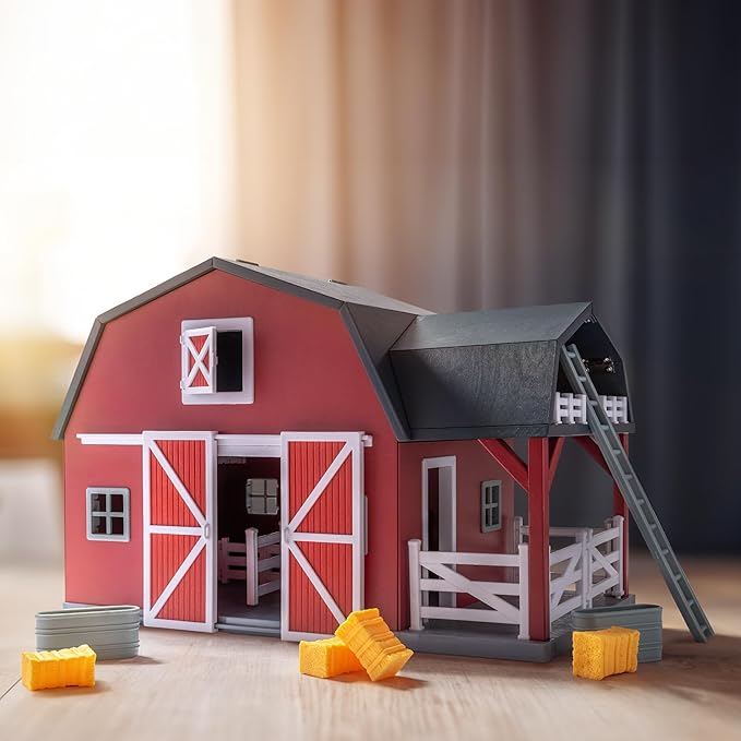 Terra by Battat - Wooden Animal Barn Toy Set with 20 Pieces - Farm Animals Toys for Kids 3-5 Years - Foldable Roof, Hay Bales, Pulley & Fences - Screen-Free Toddler Toys for Pretend Play