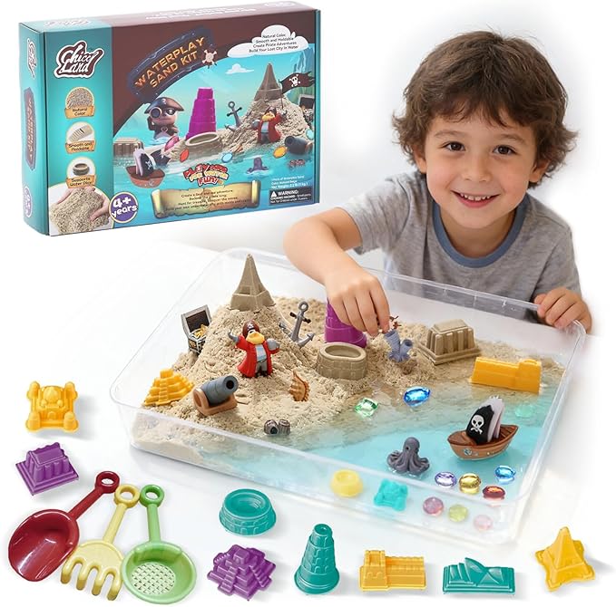 Chico Land Waterplay & Sensory Sand Kit – 2.2lb Pirate Adventure Play Sand for Kids Ages 4+, Water & Sandbox Play with Molds, Gems & Tools, Mess-Free, Non-Toxic Sensory Bin Filler