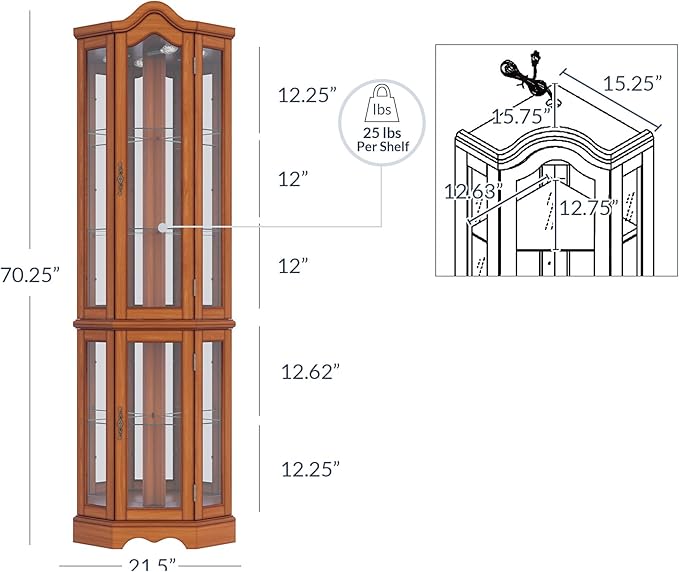 BELLEZE Lighted 3-Side Glass Display Curio Cabinet w/Tempered Glass Doors and Shelves, Curved Wood Corner Cabinet with Bulb, Corner Storage Rack for Living Room and Kitchen (Oak)
