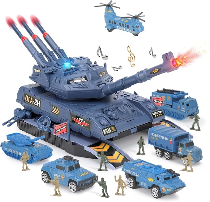 Army Toys - 6 Pcs Alloy Mini Vehicles & 8 Army Men, Military Tank Toys with Light & Sounds, Missiles, Gift for Boys 3-6 Years