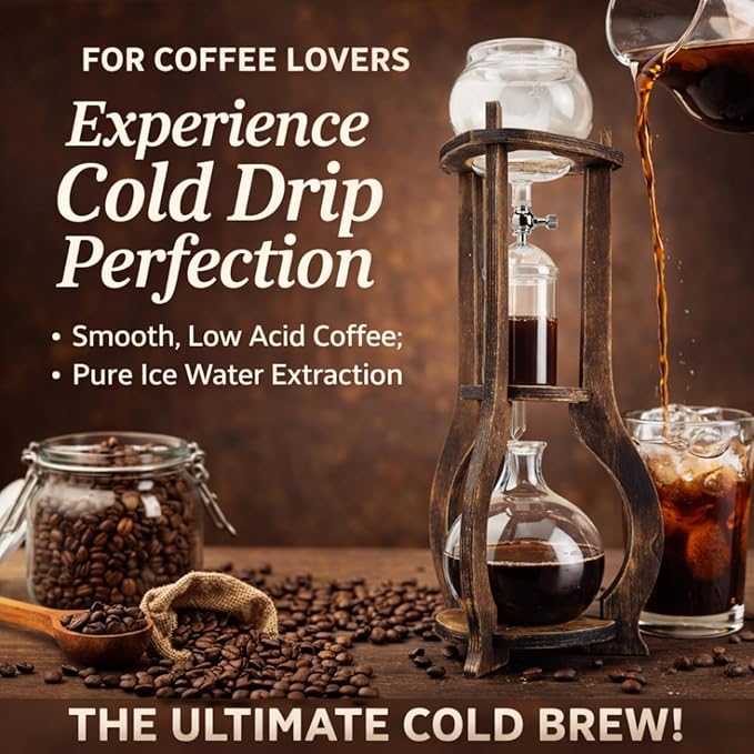 Nispira Iced Coffee Cold Brew Drip Tower Coffee Maker, 6–8 Cup Manual Cold Brew Brewer with Adjustable Valve, Wooden Frame & Glassware, Slow Cold Extraction System