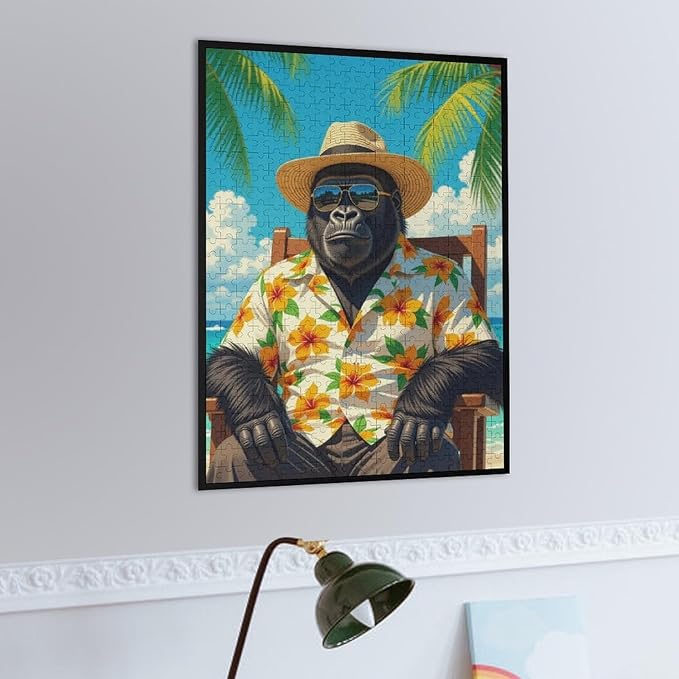 Summer Gorilla – 1000 Piece Animal Wooden Jigsaw Puzzle, Cheerful Summer Gorilla Artwork, Mind Exercise, Fun Brain Activity, Stress Relief