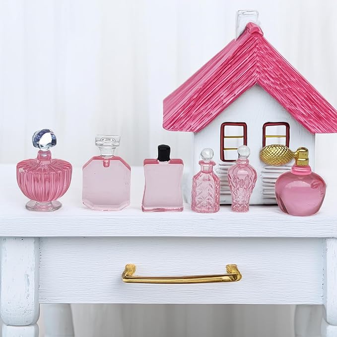 1/12 Scale Miniature Cosmetic Set: 6 Realistic Perfume Bottles for Dollhouse Bathroom & Crafts (Pink)