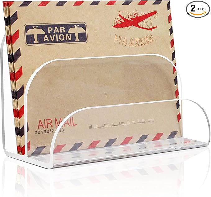 Acrylic Mail Organizer 2 Sections, File Organizer for Desk Clear Desk Organizer File Sorter File Folder Holder Mail Organizer Letter Holder for Envelopes, Mail(2 Packs)