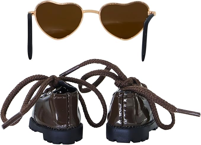 Suitable for 17cm Doll Clothing Accessories Set, Cute PU Leather Lace-up Mini Oxford Shoes and Glasses Two-Piece Set (Brown)