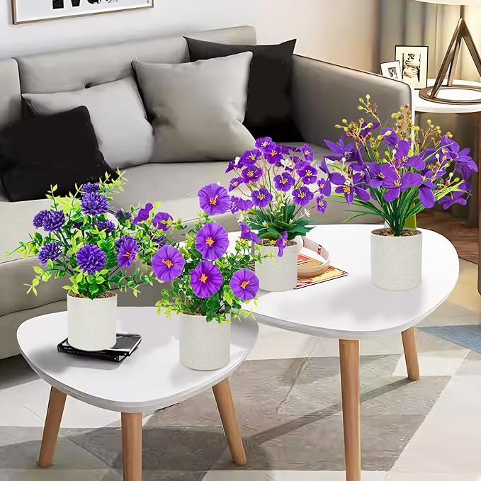 Luiywan 4 Packs Small Fake Plants Mini Artificial Potted Flowers Plastic Small Faux Potted Plants Indoor for Home Room Office Shelves Spring Decor, Purple