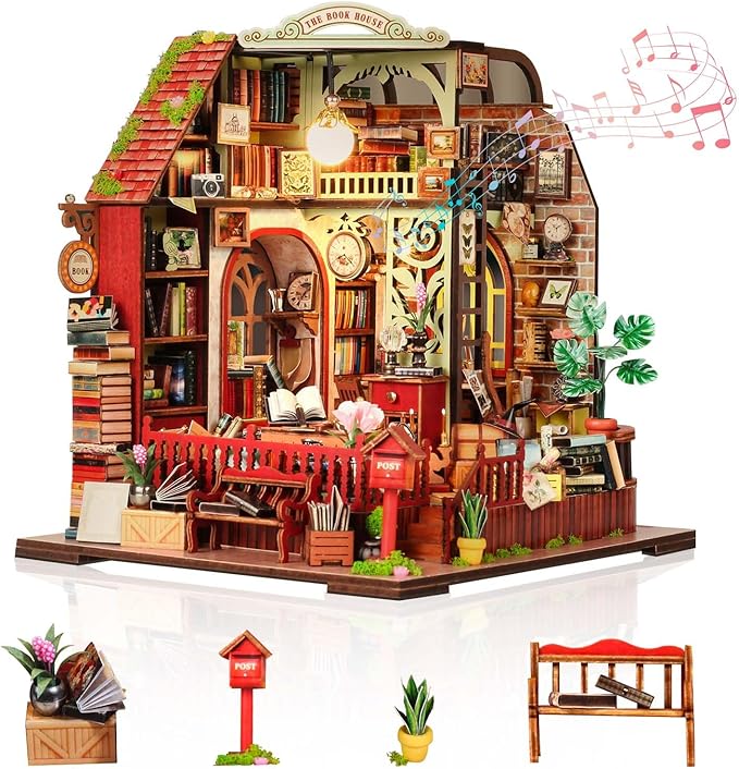 DIY Miniature House Kit, Dollhouse Kit with Music and LED Light, Mini House Building Kits for for Adult to Building, Christmas Home Decorations Gifts for Family and Friends, Bookhouse