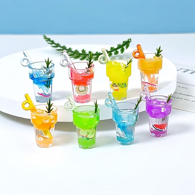 8 Pieces Miniature Dollhouse Drinks Set – Resin Glass Cup and Fruit Beverage Bottles, Simulated Drink Models for Summer Leisure-Themed Decor Decor, 1.05 x 0.39 Inch Mini Props for DIY Craft Display