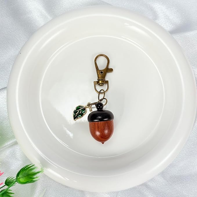 YTYAB Cute Acorn Canister Keychain,Funny Small Portable Pill Organizer Bag Charms,Green Enameled Kawaii Leaf Decor Key Chain