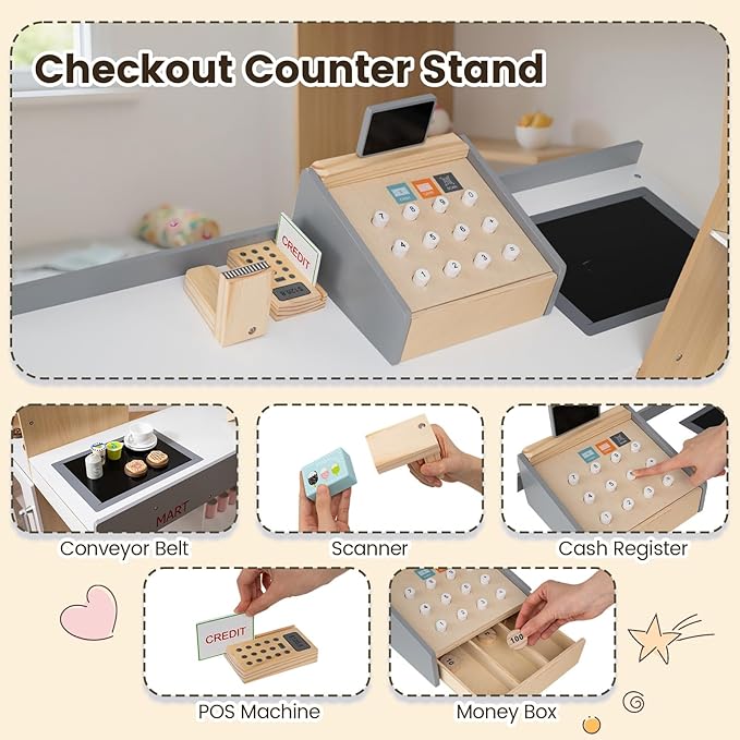 Costzon Grocery Store Pretend Play, Wooden Play Store, Toddler Supermarket Playset with Cash Register, Vending Machine, Chalkboard, Kids Grocery Store Playset, Gift for Boys & Girls