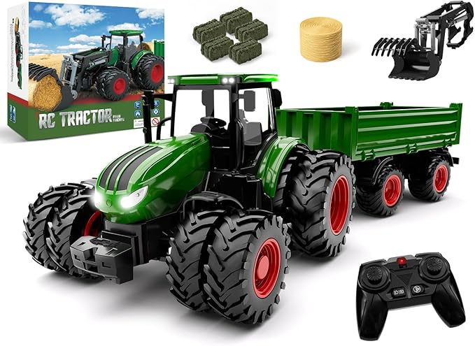 Remote Control Tractor Toy with Trailer | Metal Front & Front Loader Farm Vehicle Set with Lights & 8-Wheel Design, RC Tractor Truck for Boys & Girls Ages 3-9, Fun Farm Toy Gift for Toddlers & Kids
