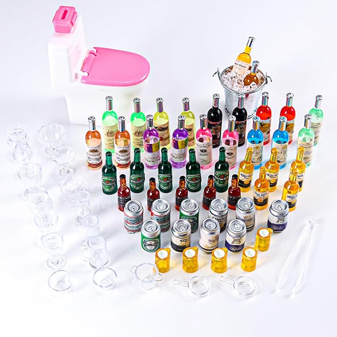 71 Pcs Miniature Ice Cubes Beer Bottles and Mini Drink Soda Pop Cans House Accessories for Fairy Garden Pub Bar Cake Decoration 1/12 Doll House Barrel Pretend Play DIY Party Toys Red Wine