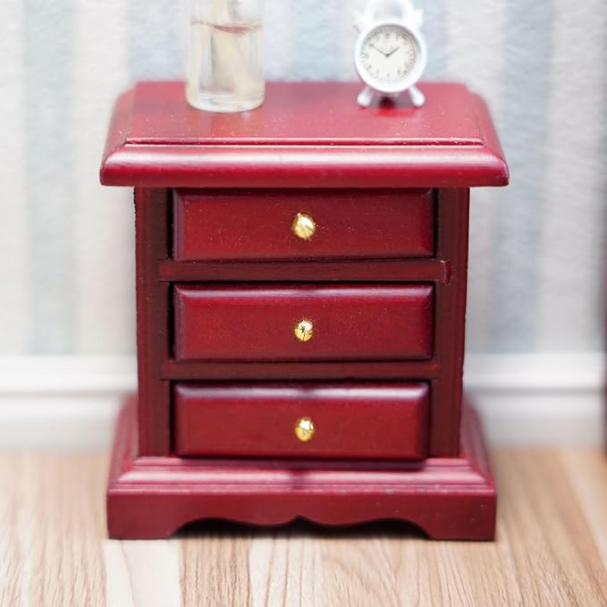 Miniature Bedside 1:12 Furniture Dollhouse Nightstand Bedroom Drawer Cabinet Model Accessories Mini House Scene Building Tabletop Decorations (Red)