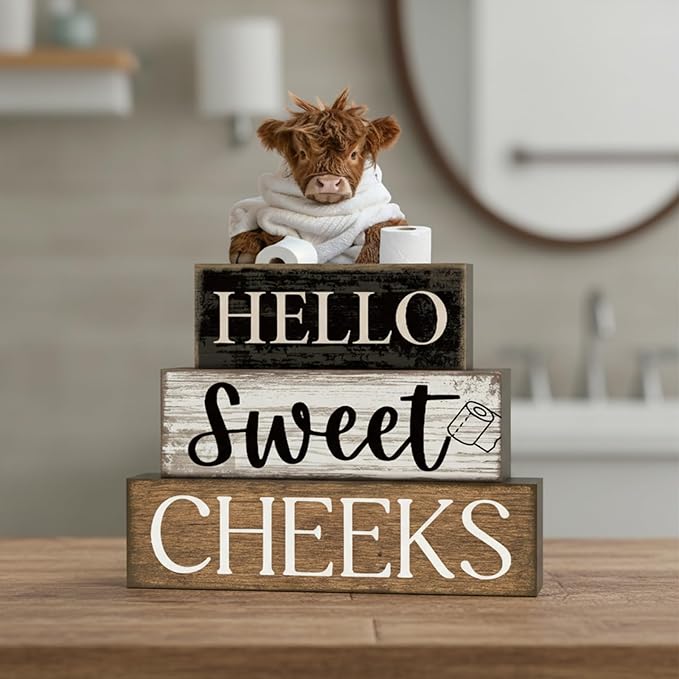 Moucuny 4 Pcs Highland Cow Bathroom Decor Farmhouse Bathroom Decor and Accessories Highland Cow Table Centerpiece Western Hello Sweet Cheeks Decoration for Home Office