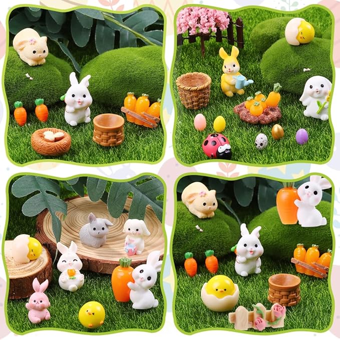 42 Pcs Easter Mini Resin Figurines, Miniature Sculptures Small Farm Bunny Chick Fairy Garden Decor for Dollhouse Easter Egg Fillers Party Favors Supplies DlY Landscape Terrarium