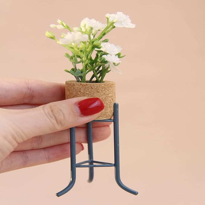 Funky Mini House 2-Pack Miniature Dollhouse Plant Stand & Artificial Flower Pot Sets - 1:12 Scale Mini Home Decor for Doll House, Ideal Gift for Miniature Lovers (Blue)