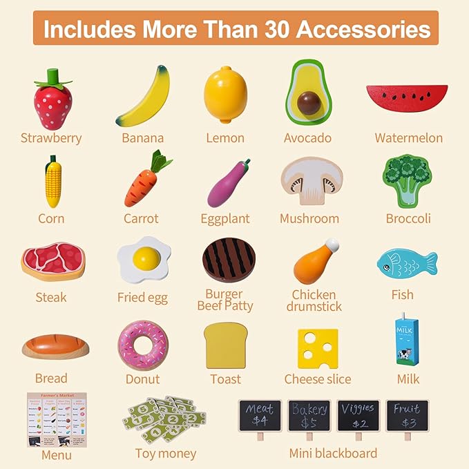 Food Groups - 20 Wooden Play Food Sets & 4 Crates & 4 Mini Blackboard & 15 Play Money, Pretend Toy Food Kitchen Accessories for Toddlers & Kids Ages 3+