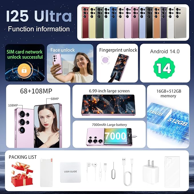 BDWJW I25 Ultra Smartphone 16GB+512GB Android 14 Smartphone, 6.99" FHD+ Display, 7000mAh Battery, 108MP+68MP Dual Camera, Built-in Pen Stylus, Fast Performance Large Memory (Pink)