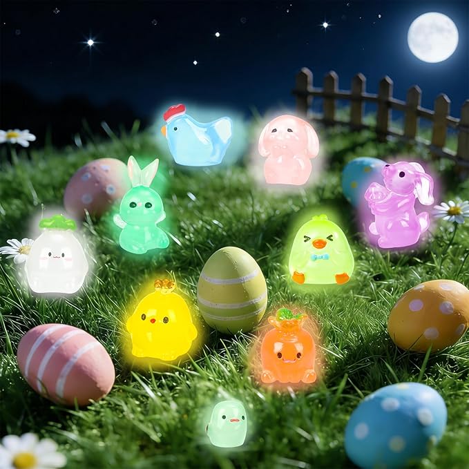 56 Pcs Easter Luminous Mini Resin Figurines 56 Style Glow in The Dark Little Small Resin Miniatures to Hide Bulk Bunny Chick Figures for Easter Party Favors Egg Fillers Micro Garden Landscape Decor