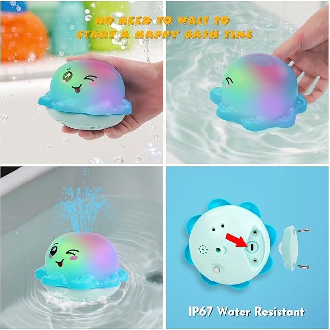 ArtCredit Light Up Bath Toy Sprinkler for Babies, Rechargeable Bathtub Pool Water Toys Baby Gifts for Toddlers, Shower Essentials (Blue Octopu)