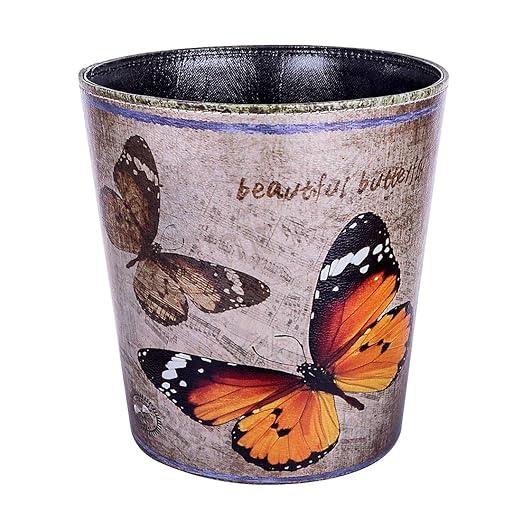Scakbyer 10L/2.64 Gallon Trash Can, Decorative Waste Basket, PU Leather Waste Paper Basket, Waterproof Garbage Can for Bathroom, Bedroom, Office, Kitchen and Living Room - Orange and Black Butterfly