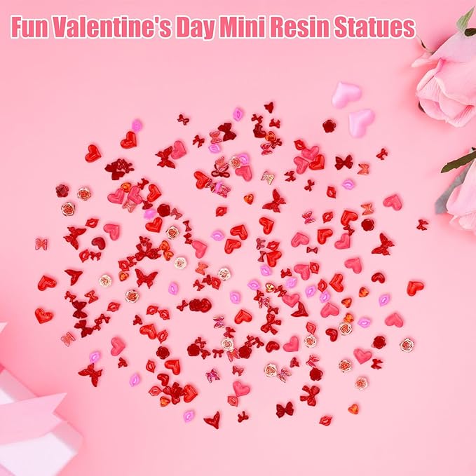 210pcs Mini Resin Valentine Figurines, Home Party Wedding Anniversary Decorations Red Lips Statues Ornaments Tiny Resin Figurine Decor for Crafts Tree