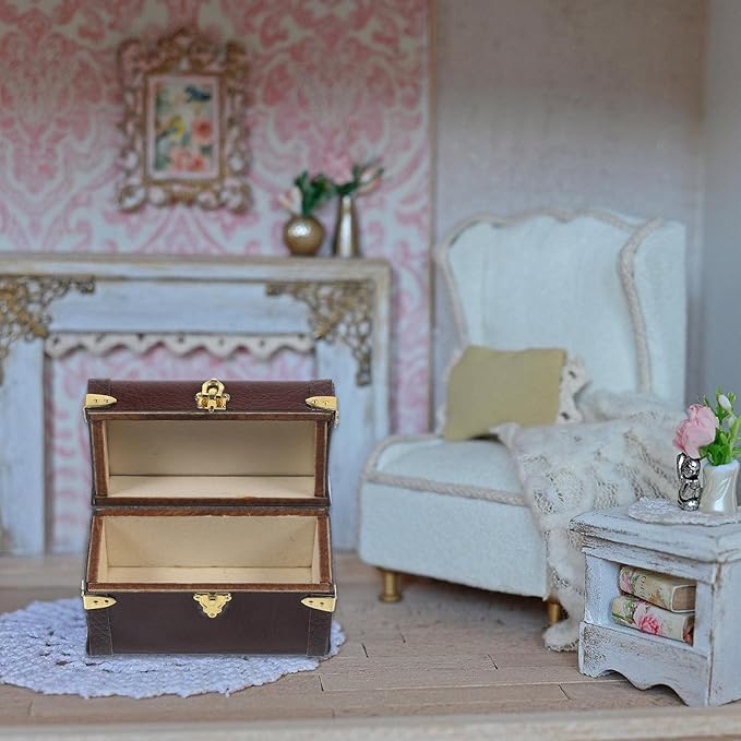 Vintage Dollhouse Miniature Suitcase Model Storage Case for Mini House Decor Elegant Wooden and Leather Travel Trunk Miniature Luggage for Dollhouses and Play Scenes