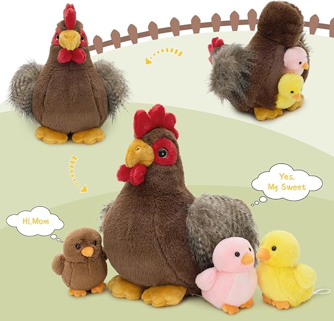 4 Pcs Chicken Plush Set, Mom Hen Stuffed Animal with 3 Stuffed Wind Up Chicks Toy in Mother Chicken's Belly, Christmas Birthday Gift for Kids Girls Boys, Animal Theme Party Decor