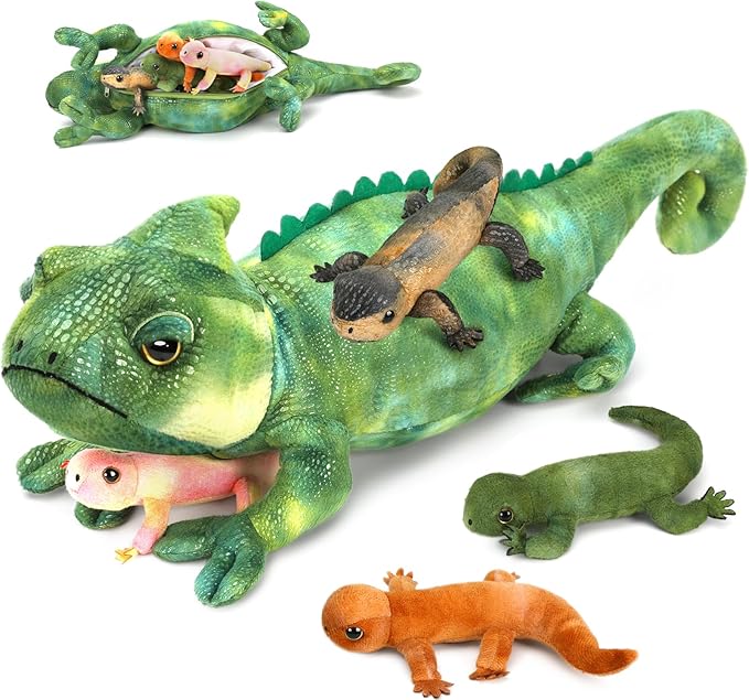 5Pcs Giant Lizard Plush, 27" Mother Iguana Stuffed Animal with 4 Baby Lizard Plushies, Bearded Dragon Plush Toy for Kids Boys Girls, Stuffed Chameleon for Christmas Birthday Gift