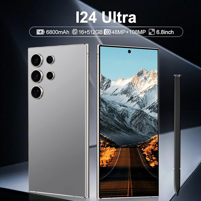 BAOWU I24 Ultra 5G Unlocked Phones, Built in Pen, Smartphone Battery 6800mAh 6.8" HD Screen Unlocked Cell Phone, 16+512GB Android14 with 128G Memory Card, Face ID/Fingerprint Lock/GPS (Gray)