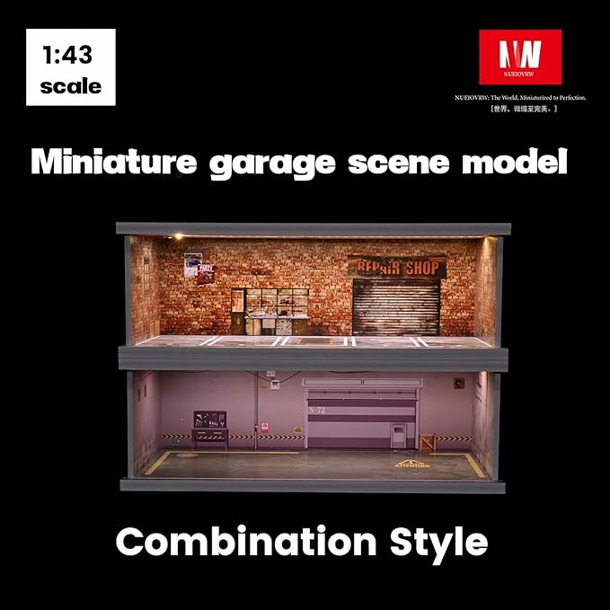 1/43 Diorama Display Case with Tri-Colour Dimmable Lighting, Fits for Hot Wheel Matchbox Mini GT Diecast Cars Model,1:43 Car Garage Parking Lot Scene Display Storage (Red Brick)