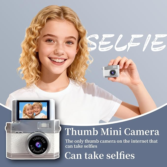 ‌Mini Keychain Digital Camera White - HD Mini Digital Camera with 0.96" Flip Screen & 32GB Card, Portable Wearable Keychain Camera for Bag Charm, Necklace Pendant, Selfie, Travel, and Vlogging
