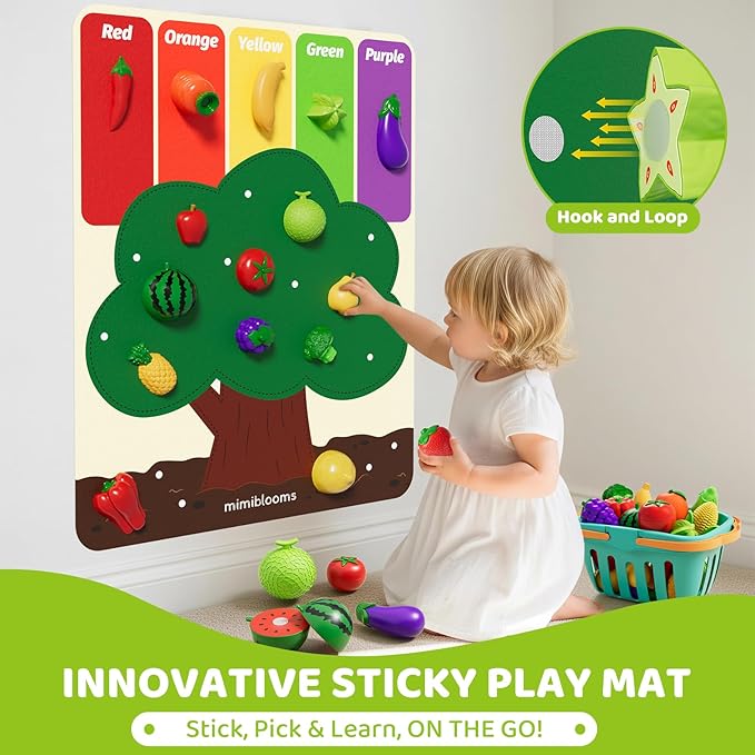 Play Food Set with Cutting Fruits&Felt Tree Mat, Pretend Food Play Kitchen Accessories, Toy Kitchen Food Playset for Toddlers, Preschool Learning Toys for Kids Ages 3 4 5 6 Boys Girls Gift