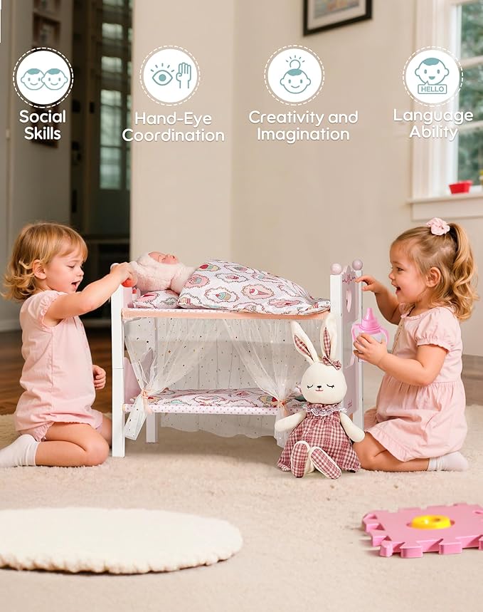 ROBUD Baby Doll Crib, Wooden Baby Doll Beds for 20 Inch Dolls, Baby Doll Bunk Beds with Gauze Curtain, American Girl Doll Bed for Gifts, WRP35