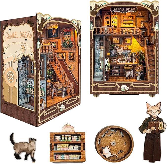 DIY Dollhouse Kit for Adults 2D Stereo Assembly Night Light Sensing Wooden Bookend Jigsaw Building Model (Caramel Dreams)