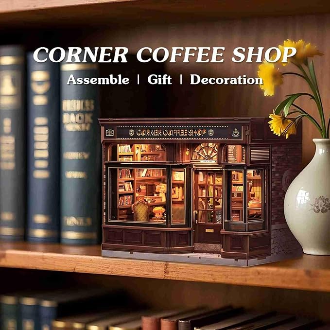 Fsolis Book Nook Kit - DIY Bookshelf Miniature Kit for Adults 3D Puzzle Booknook Bookstore Bookshelf Diorama Cafe Shop Tiny House with Cat, Craft Gifts for Women Book Lovers (Corner Coffee Shop)