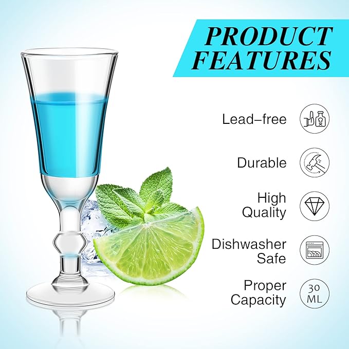 Meanplan 1 oz Shot Glasses with Stem Cordial Mini Wine Cups Limoncello Port Glasses Clear Heavy Base Fancy Shot Small Goblet Cups for Vodka, Cocktail, Liquor for Kitchen Dining(12 Pcs)