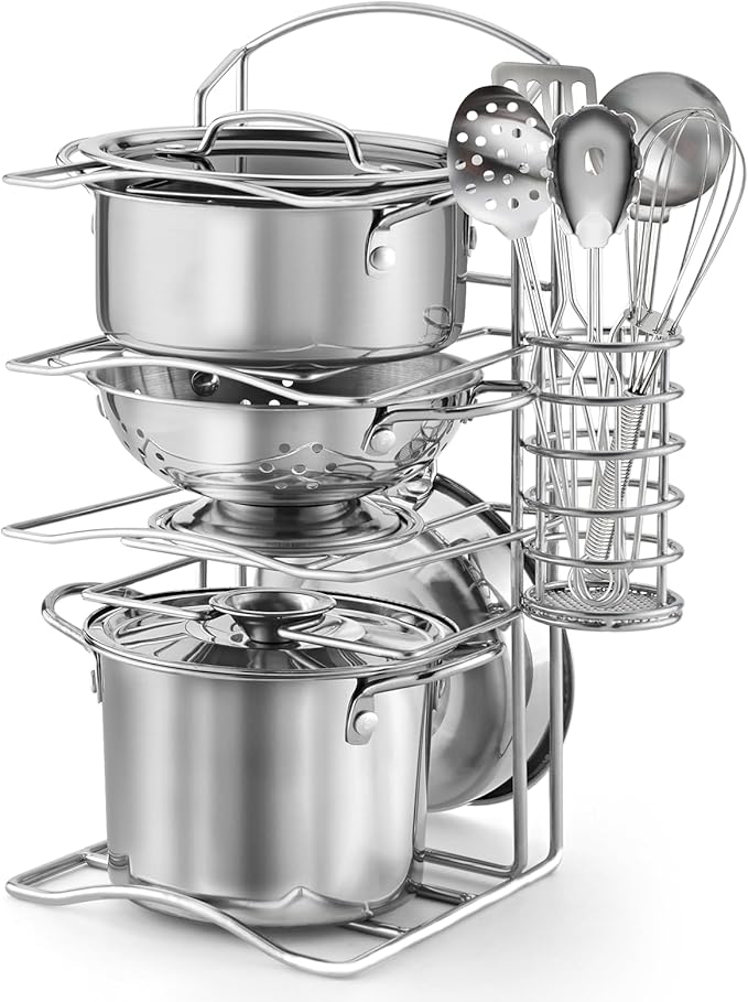 12Pcs Kids Pretend Play Kitchen Accessories Toy Stainless Steel Metal Pots and Pans Playset with Rack Mud Kitchen Accessories Toy Pots and Pans for Kids Toddler Age 3 Years Old