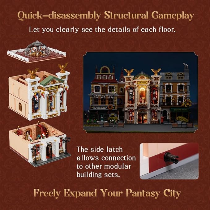 PANTASY Vintage European Grand Theater Building Set-Modular Model with Crystal Chandelier,Transparent Dome&Expandable Street Scenes Retro Theater Architecture for Adults&Home Décor Gift-Light