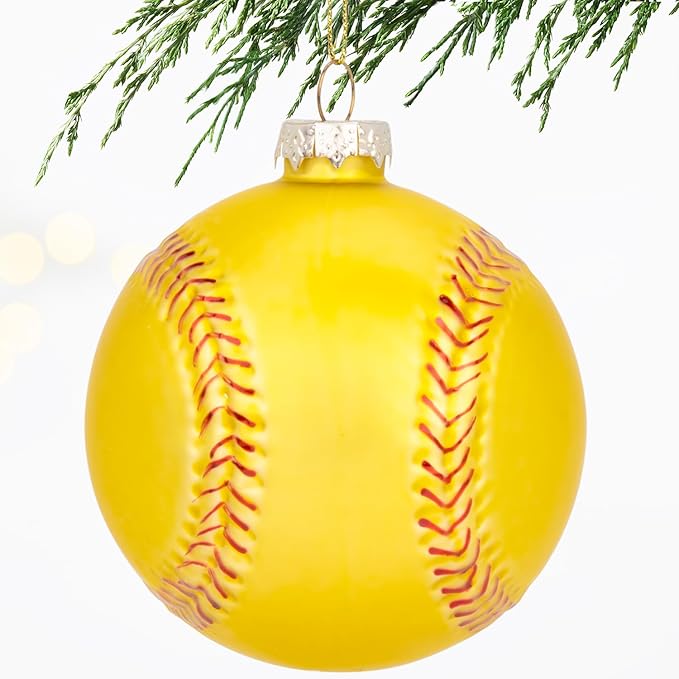 3.15” Christmas Softball Glass Blown Ornament, 2025 Hand-Painted Small Mini Sports Ball Decoration for Boys and Girls, Xmas Tree Holiday Decor Kids Themed Party Gifts