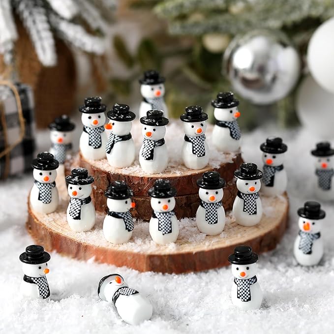 50 Pcs Winter Miniature Snowman Mini Winter Figurines Resin Snowman Ornaments for Crafts Micro Landscape Ornament Xmas Figurines for Holiday DIY Decor Party Favors