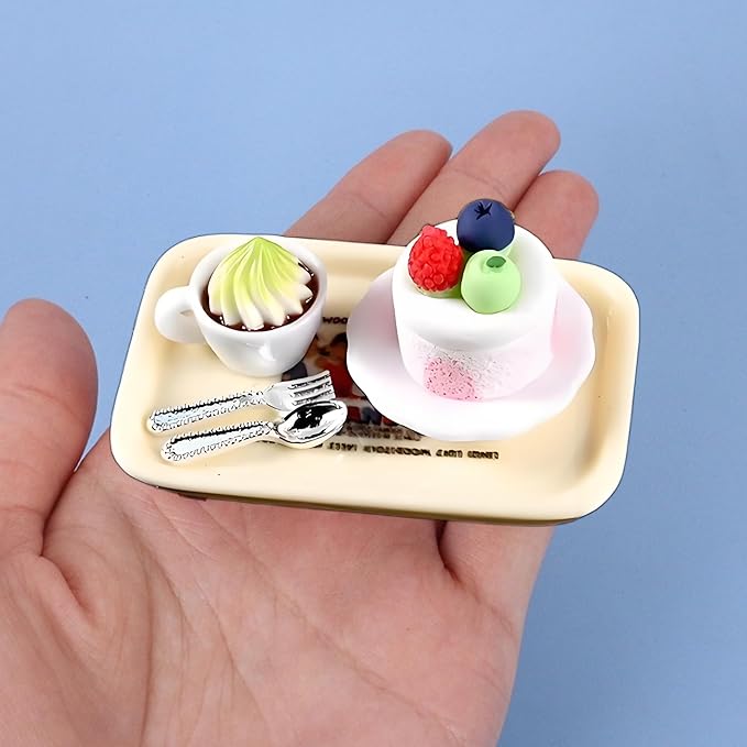6Pcs Happy Afternoon Tea Miniature Set – Dollhouse Kitchen Accessories, Includes Tray, Coffee Milkshake, Cake,Plate,Spoon, Perfect for Pretend Play, Miniature Food Set for Dollhouses and Play Kitchens