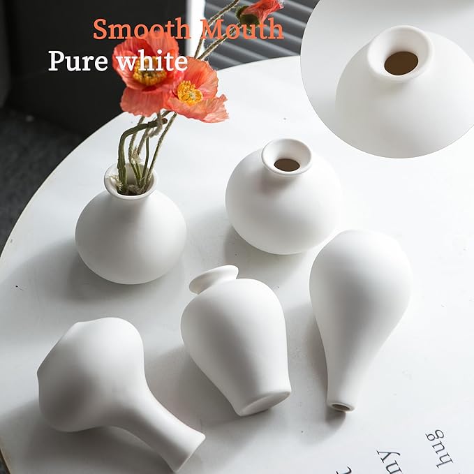 Small Ceramic Vase Set of 5, Modern White Vase, Bud Vase, Boho Decorative Vase for Fireplace, Entryway and Living Room, Centerpiece Table Decorations
