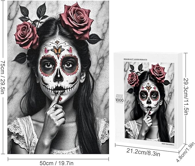 Jigsaw Puzzles for Adults 1000 Piece - Gorgeous Sugar Skull Lady Day of The Dead Wooden Puzzle, Puzzle Games,Stress Relief Games,Funny Puzzles，Unique Gifts for Wall Art，Family Puzzles