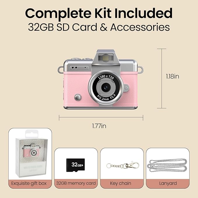 Mini Keychain Camera, 2K Retro Digital Camera with 1.47‘’ Flip Screen & Built-in Flash for Selfies - Includes 32GB SD Card, Strap - Perfect for Travel, Concert, Vlogging