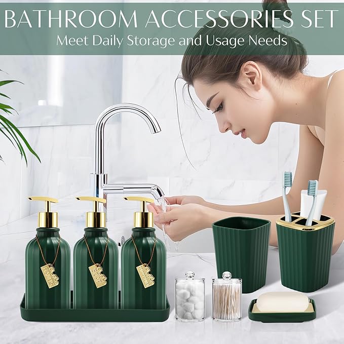 WSBArt 17PCS Bathroom Accessory Set Bathroom Set Hunter Green Bathroom Accessories,Toilet Brush, Trash Can, Qtip Holder Dispenser& 3PCS Soap Dispenser