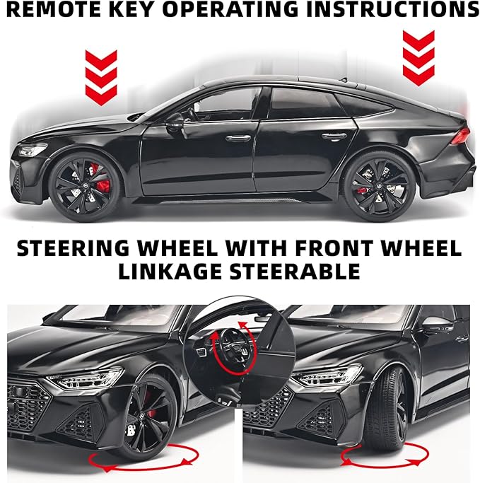 1:18 Audi RS7 Model Car,Pull Back Toy Diecast Cars,Remote Control Key Version Metal Toy Cars with Lights and Sounds,Gift for Children and Adult（Black Warrior）