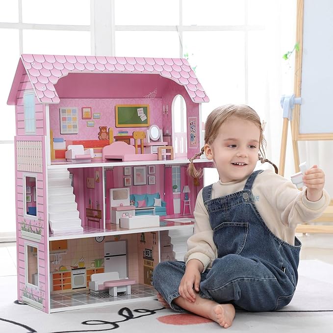 3 Story Dollhouse for Girls with Furniture, Pink Wooden Doll House Playset for Kids Ages 3-8, Multi-Room Modern Doll Cottage with Movable Accessories, Storage & Easy Assembly for Imaginative Role Play