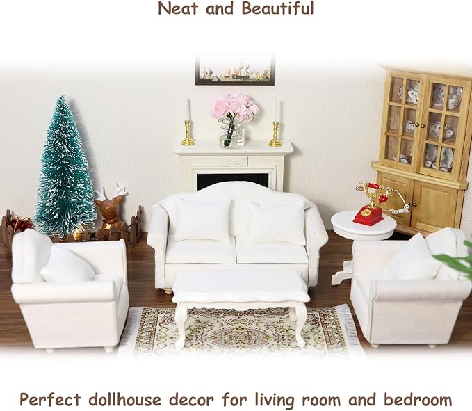 Dollhouse Couch with Pillow 1 12 Scale Miniature Sofa Arm Chair Living Room Furniture Wooden Fabric Frame Single Reading Chair Artificial House Room Scene Decoration (White)