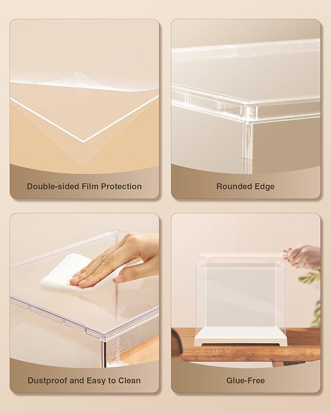 Rolife Clear Acrylic Display Case for Hobby Collectibles, Easy Assemble Dust Cover Showcase Clear Storage Bins, Stackable Storage Plastic Box with Wooden Base